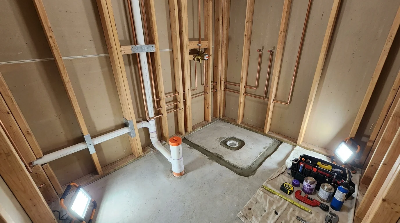 Bathroom rough-in plumbing during remodel by Johns Plumbing LLC in Hazen