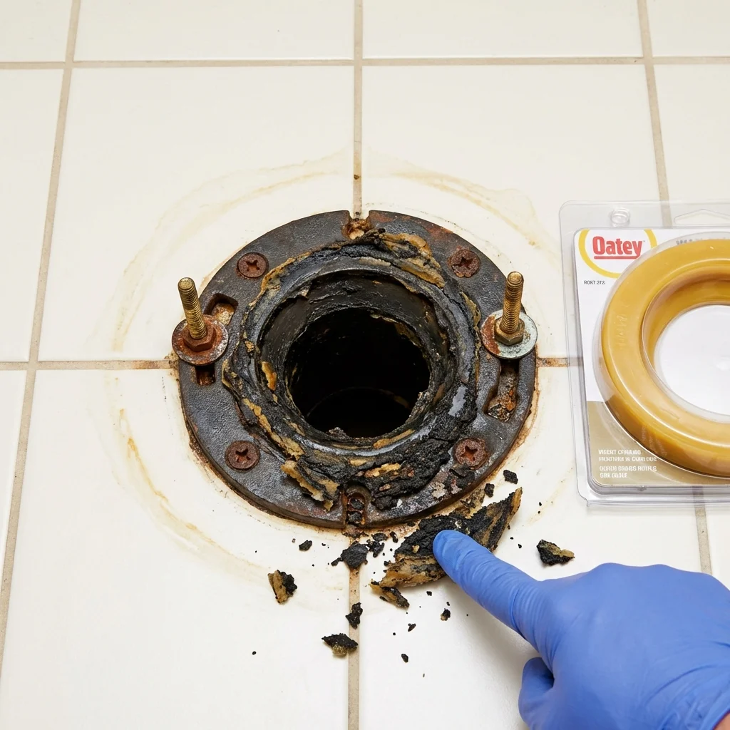 Failed wax ring showing water seepage at the base of a toilet in a Hazen, AR home